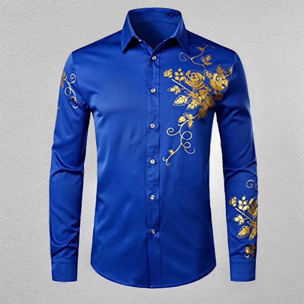 Herren Kragenhemd Knopfhemd Abschlussball-Shirt Disco-Shirt Blumen Hochzeit Party Schwarz Weiß Blau Gold Langarm Umlegekragen Frühling Herbst Bekleidung Button-Down Lightinthebox