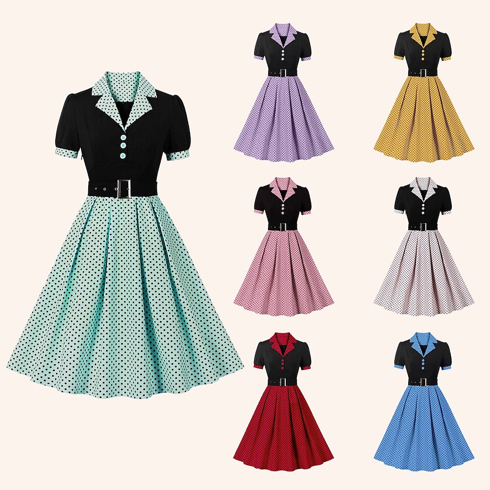 Retro Vintage 1950s Kleid A-Linie Kleid Swing-Kleid Damen Punkt Umlegekragen Verabredung Kleid Lightinthebox