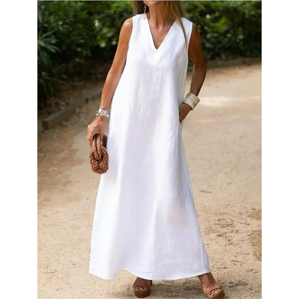 weißes Damenkleid Baumwoll-Leinen-Kleid Maxikleid Urlaubskleid Freizeitkleid modern Alltag Wochenende Regular Fit schlicht V-Ausschnitt Sommer Frühling Lightinthebox