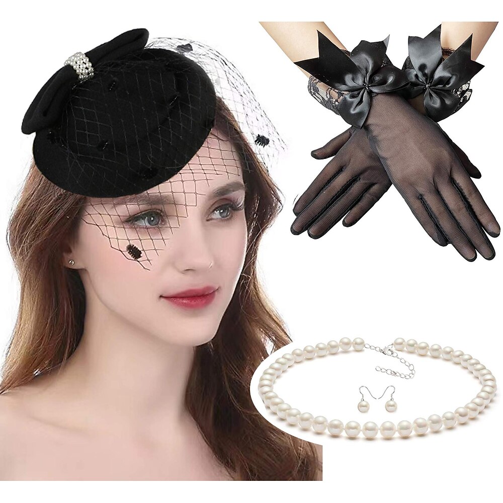 Klassisch Retro Vintage 1950s Austattungen Pillbox Hut Fascinators Hut Kopfbedeckung Halskette Lange Handschuhe Brautkleidung Damen Karneval Valentinstag Hochzeit kleid hochzeitsgast Party / Cocktail Lightinthebox