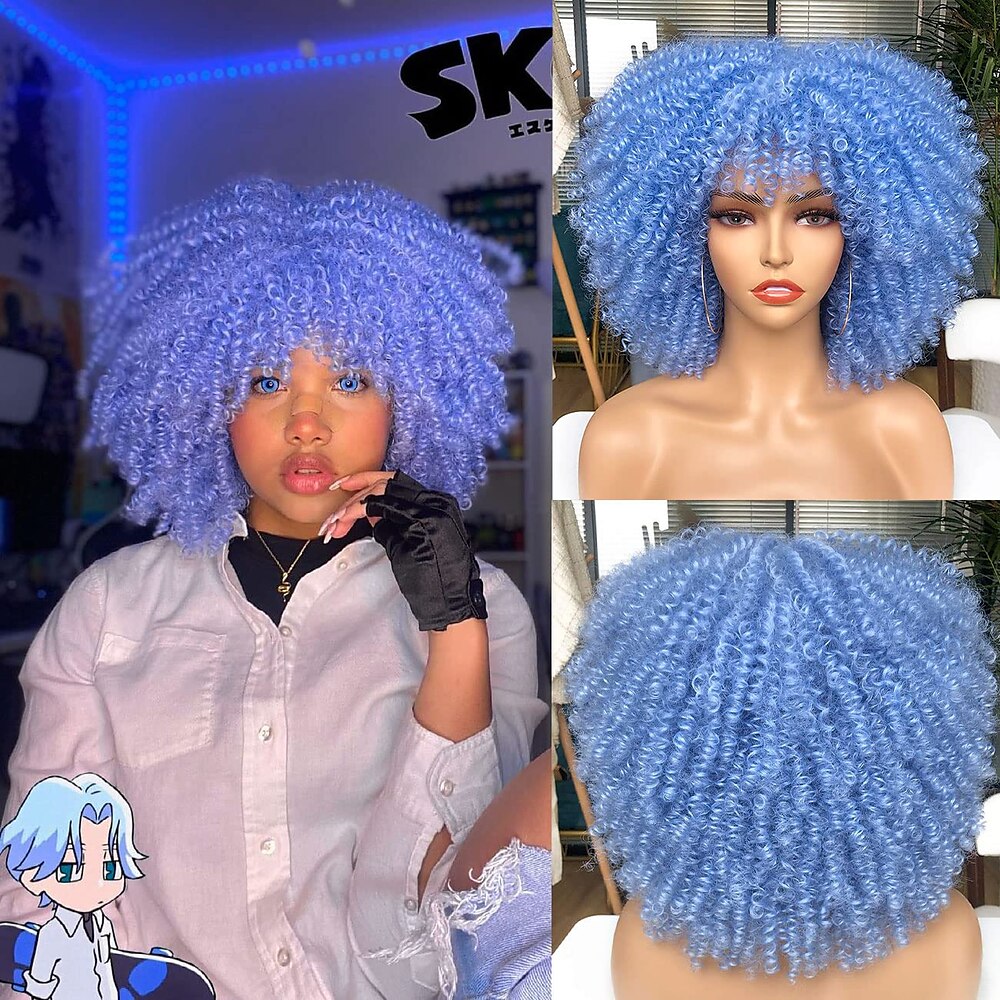 Lockige Perücke mit Pony für schwarze Frauen, kurze, verworrene, lockige Perücke, 14 Zoll, Afrohaar, Karnevalsparty, Weihnachten, Cosplay-Perücken, himmelblau Lightinthebox