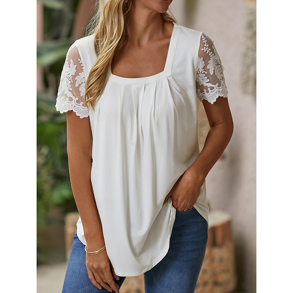 Damenhemd Spitzenhemd Bluse elegante Oberteile Basic Spitze Kurzarm normale Oberteile quadratischer Ausschnitt lässig weiß Sommer Frühling Lightinthebox