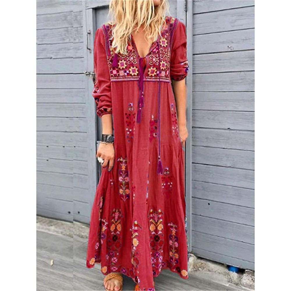 Rotes Boho-Maxikleid für Damen mit ethnischem Blumendruck, V-Ausschnitt, Dreiviertelärmel, lässige, lockere Passform, Strandparty, Sommermode, Kleidung Lightinthebox