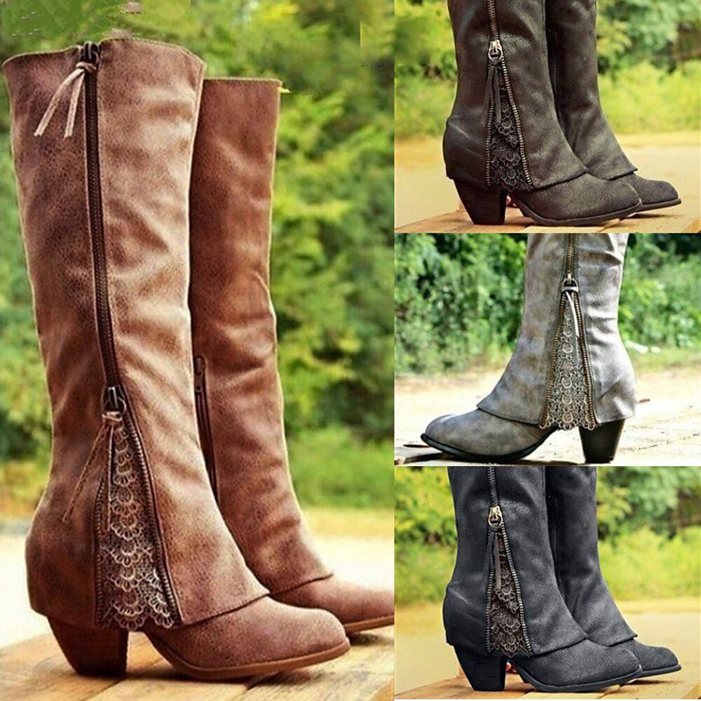 Damen-Westernstiefel im Vintage-Stil mit Spitzendetails und seitlichem Reißverschluss, halbhohe Wildlederstiefel für den lässigen und Country-Stil Lightinthebox