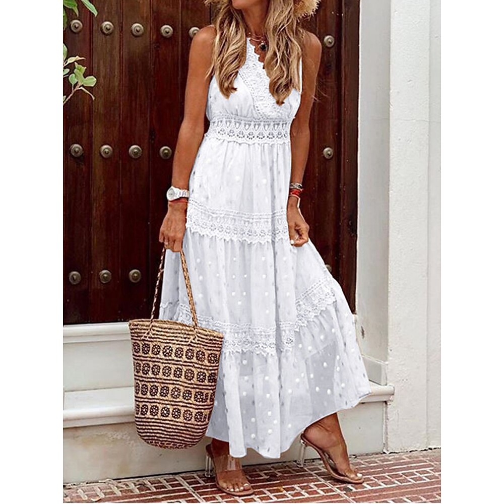 Damen Langes Kleid Maxikleid Weißes Kleid Freizeitkleid Schwingkleid A Linie Kleid Basic Boho A-Linie Urlaub Ferien Strand Normale Passform Ärmellos V Ausschnitt Weiß Gelb Rosa Aprikose Sommer Lightinthebox