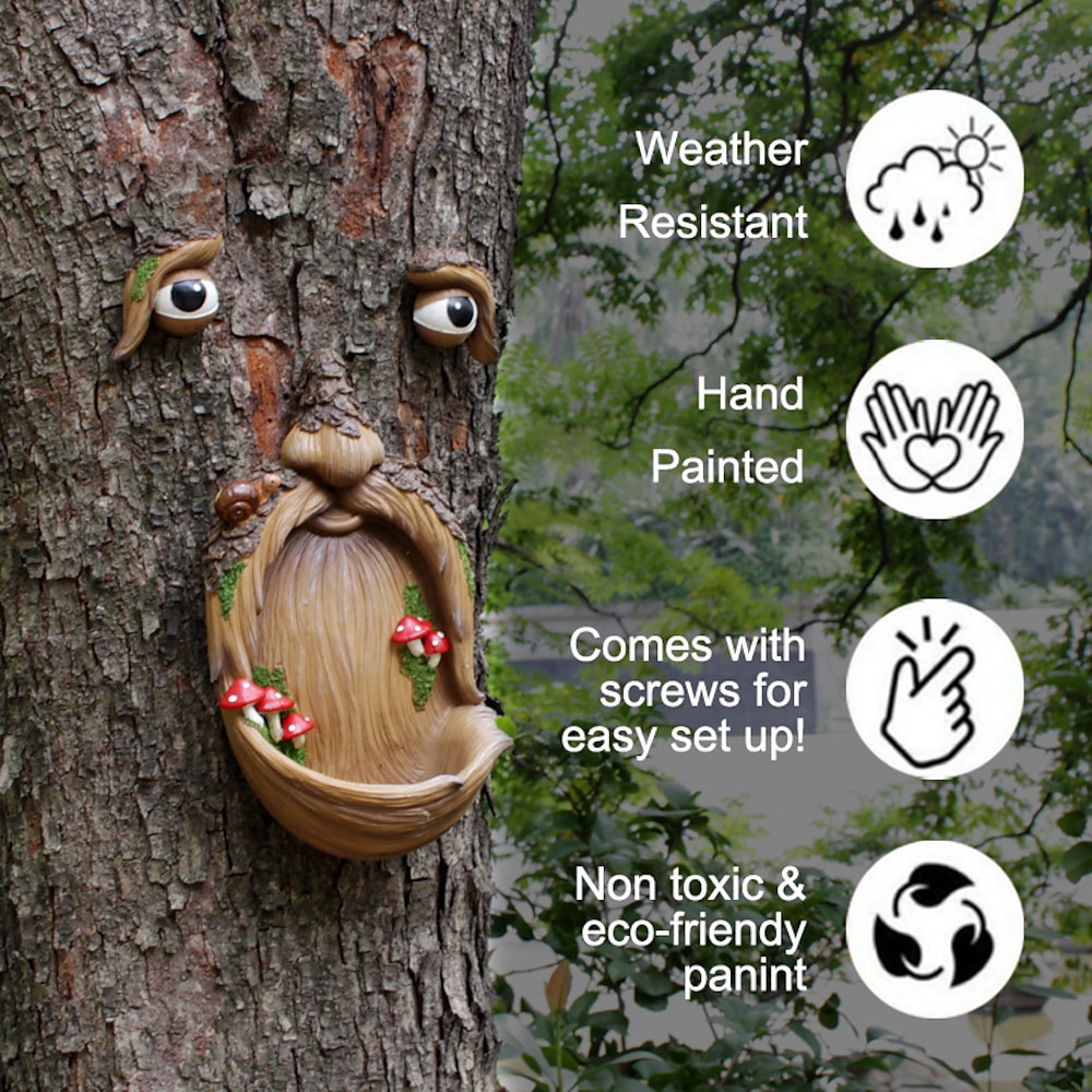 Baumgesicht-Vogelfutterspender, lustiger alter Mann, Baumgesicht, wetterbeständiger Baum-Vogelfutterspender, Harz, dekorative Baumkunst für Garten, Hof, Außenbereich, Baumgesicht, Lightinthebox