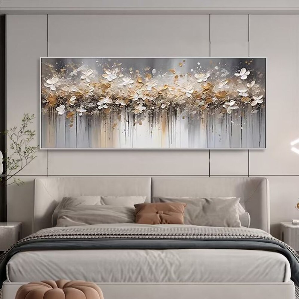 Handgefertigtes Ölgemälde auf Leinwand, Wandkunst, Dekoration, abstrakte Blumen, horizontale Bettdekoration, Gemälde für Schlafzimmer, Heimdekoration, gerolltes, rahmenloses, ungedehntes Gemälde Lightinthebox