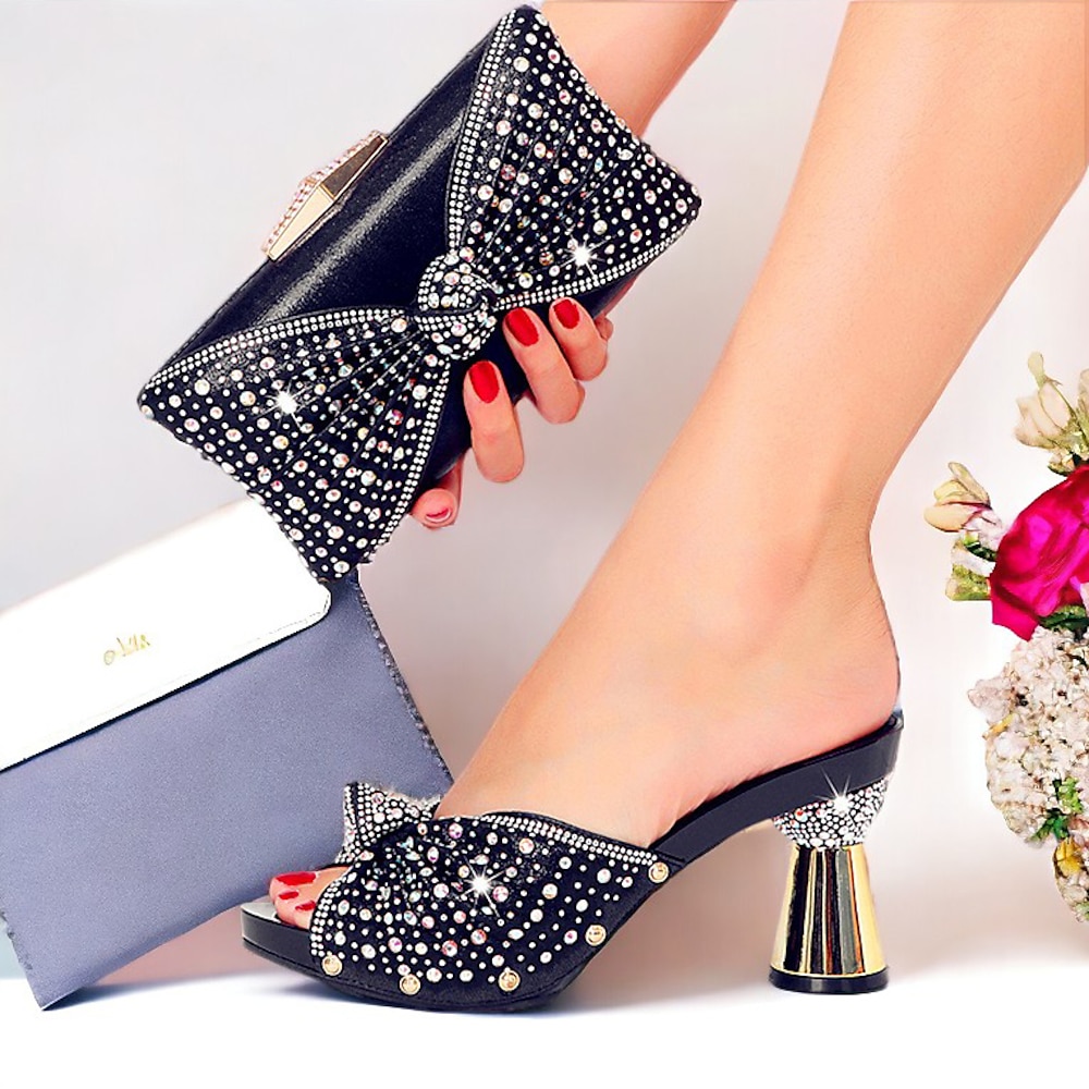 Damen Pantoletten mit Strasssteinen und passender Clutch - elegante schwarze High Heels mit Schleifendetail für Hochzeiten und besondere Anlässe Lightinthebox