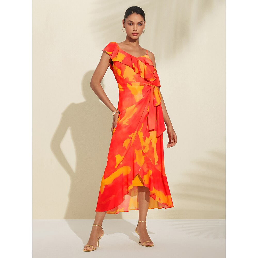 Damen Schößchenkleider für Hochzeitsgäste, Midikleid, lila/orange, kurze Ärmel, blühende Rüschen vorne, Schleife, Frühlingamp;sommer asymmetrisch romantisch s m l Lightinthebox