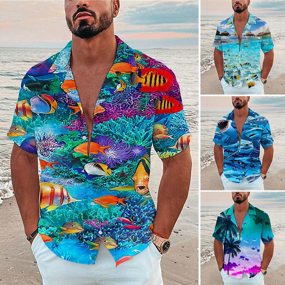 Herren Tropisch Fische Unterwasserwelt Hemd Hawaiihemd Sommerhemd Camp-Shirt Kurzarm Hemd Umlegekragen Modisch Designer Brautkleider schlicht Outdoor Strasse Casual Meeresblau Marineblau Königsblau Lightinthebox