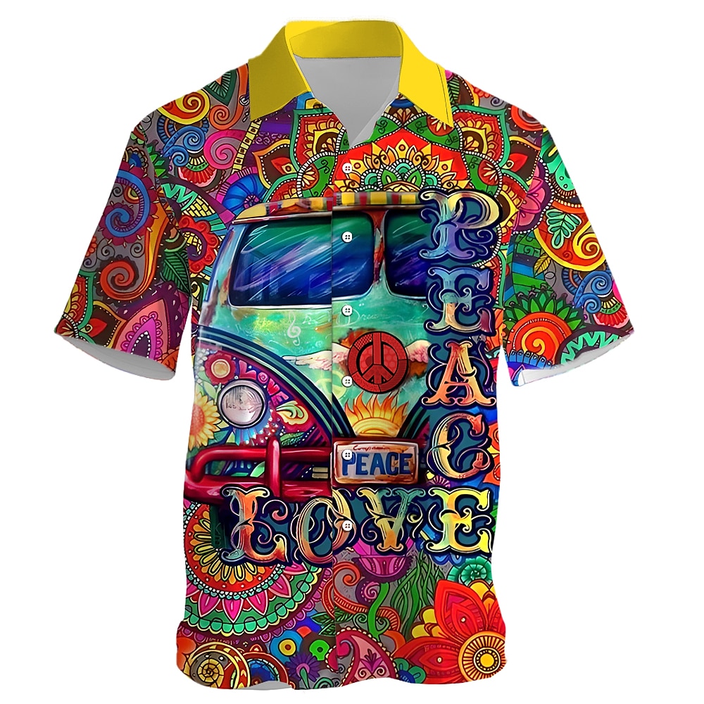 Herren Hippie-Bus Hemd Hawaiihemd Sommerhemd Aloha-Shirt Kurzarm Hemd Umlegekragen Urlaub Hawaiianisch Outdoor Urlaub Hawaiianisch Gelb Blau Fuchsie S M L Lightinthebox