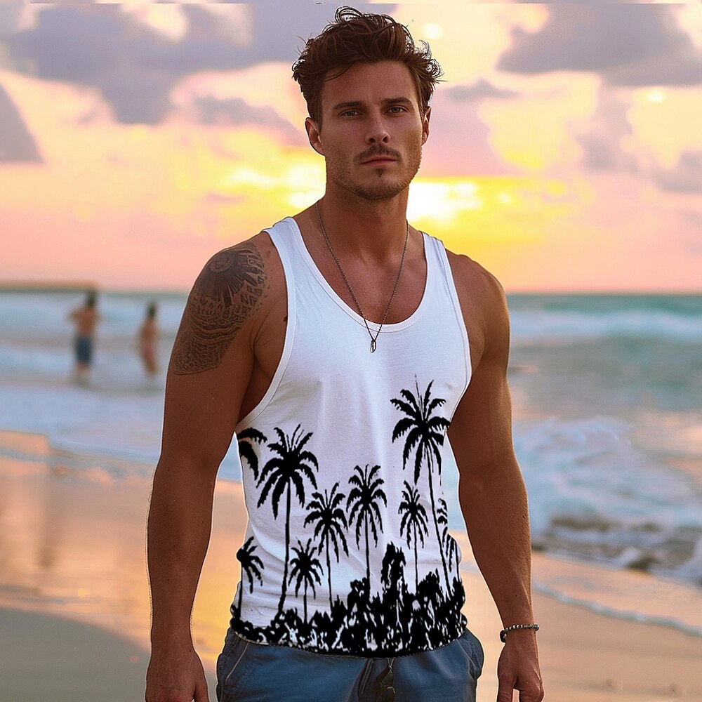 Herren Graphic Kokosnussbaum Tank Top Shirt Unterhemden Kurzarm T-Shirt Rundhalsausschnitt Hemd Modisch Hawaiianisch Brautkleider schlicht Strasse Täglich Strand Weiß Blau Frühling Sommer Bekleidung Lightinthebox