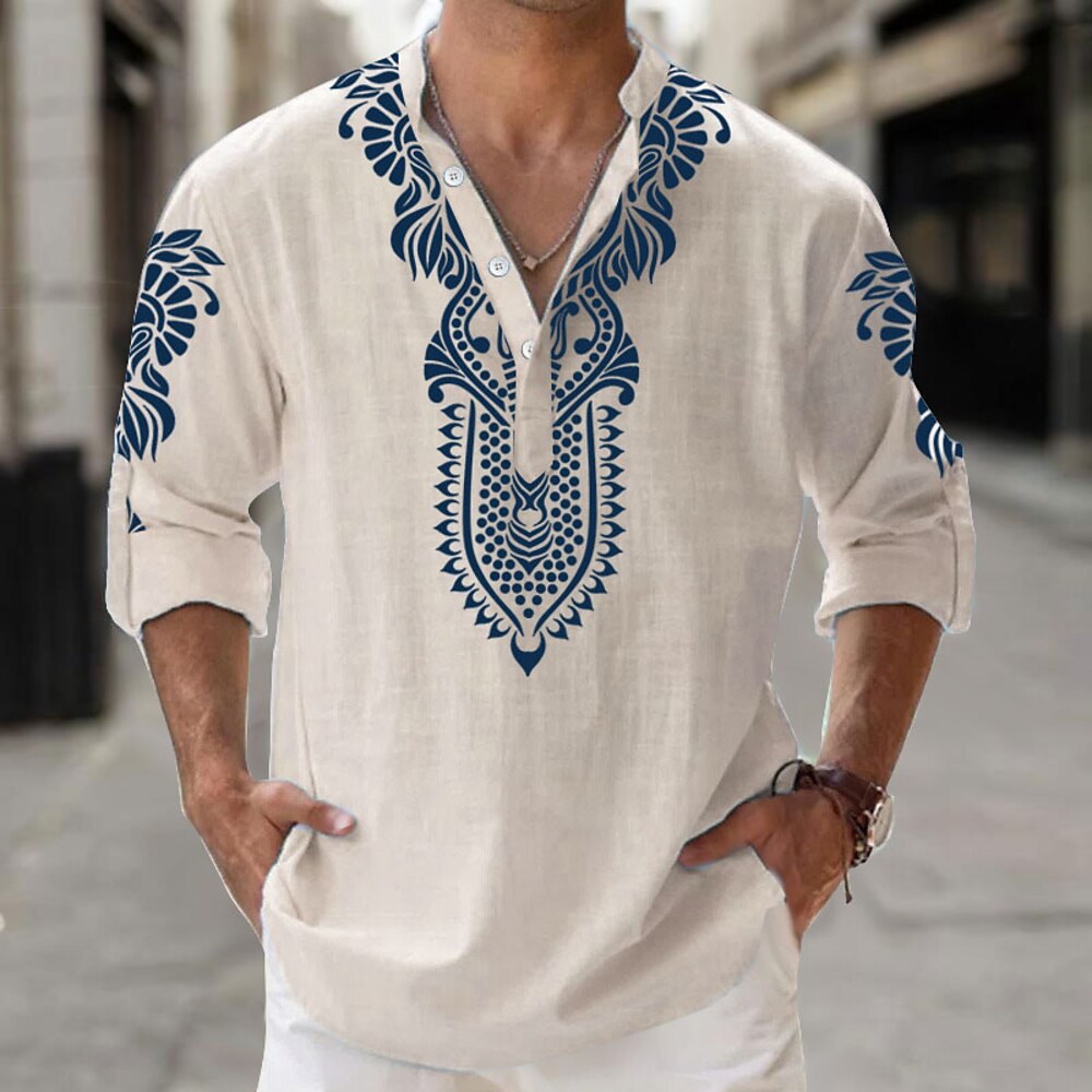 Herren Stammes Ethnisch Bandana-Druck Hemd leinenhemd Knopfhemd Langarm Stamm Urlaub Freizeitskleidung Ausgehen Frühling Herbst Ständer Knopf Bedruckt Weiß Blau Khaki Lightinthebox