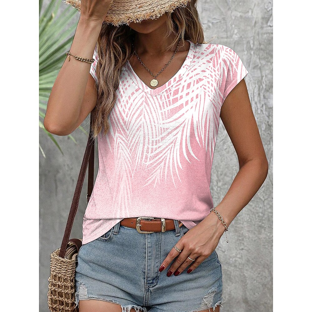 Damen-Peplum-Top V-Ausschnitt Palmblatt-Druck kurze Ärmel tropisch Sommer lässige Strandbekleidung Pink Weiß atmungsaktive Baumwollmischung reguläre Passform modische Oberteile Lightinthebox