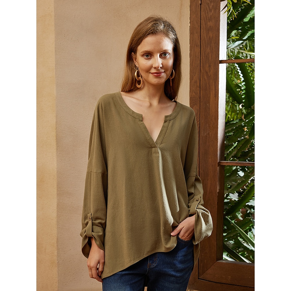 Damen Bluse Täglich Brautkleider schlicht Glatt Normale Oberteile Langarm V Ausschnitt Lockere Passform Arbeit Casual Festtage Gras-Grün Sommer Frühling Lightinthebox