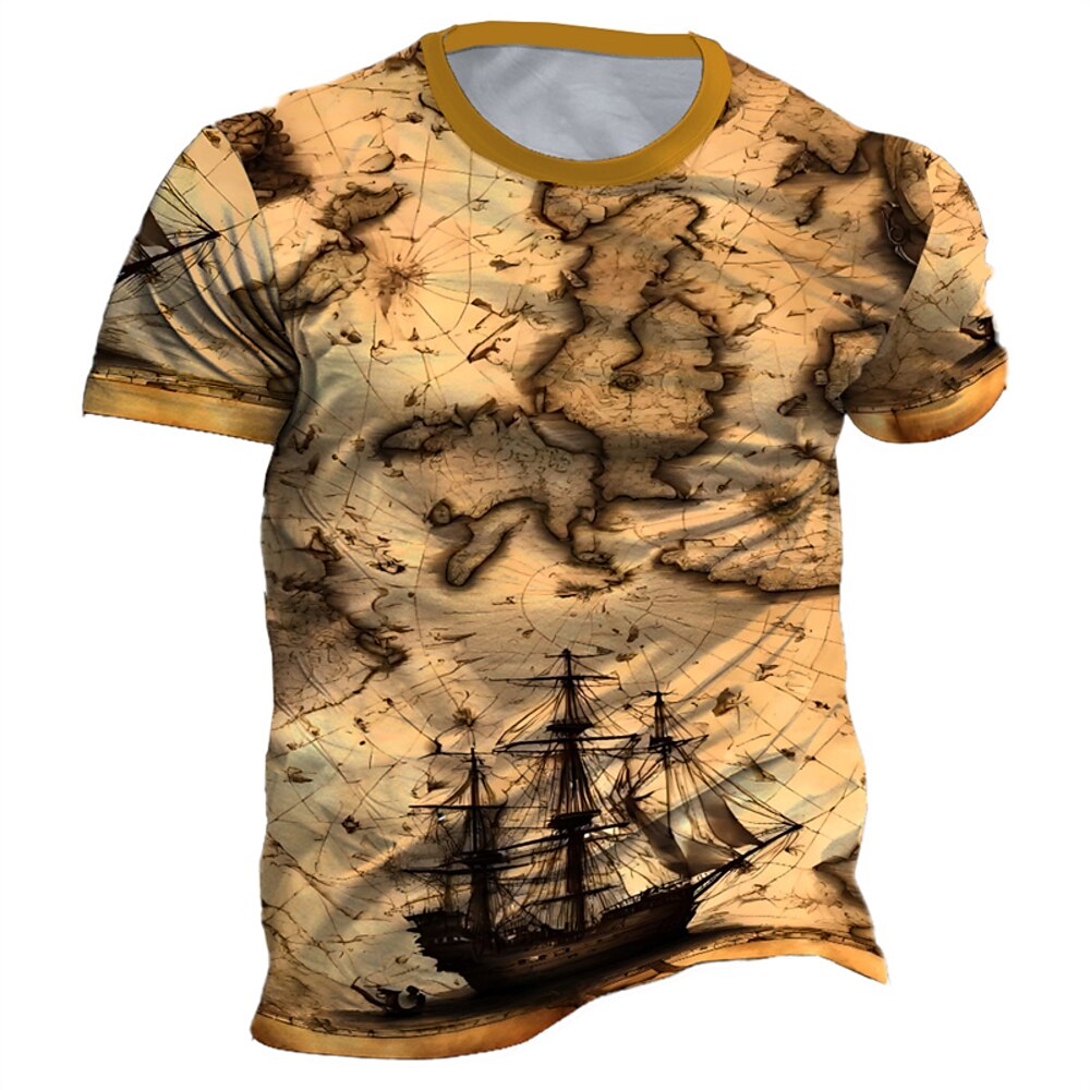 Herren Graphic Karte Segelboot T Shirt Kurzarm T-Shirt 3D-Druck Rundhalsausschnitt Hemd Täglich Designer Retro Vintage Sports Outdoor Festtage Ausgehen Blau Braun Grün Frühling Sommer Bekleidung S M Lightinthebox