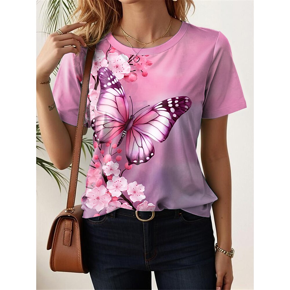 Damen T-Shirt lässig rosa violett Schmetterling Blumendruck Rundhals Kurzarm weicher Stoff Frühling Sommer vielseitiges Oberteil Lightinthebox