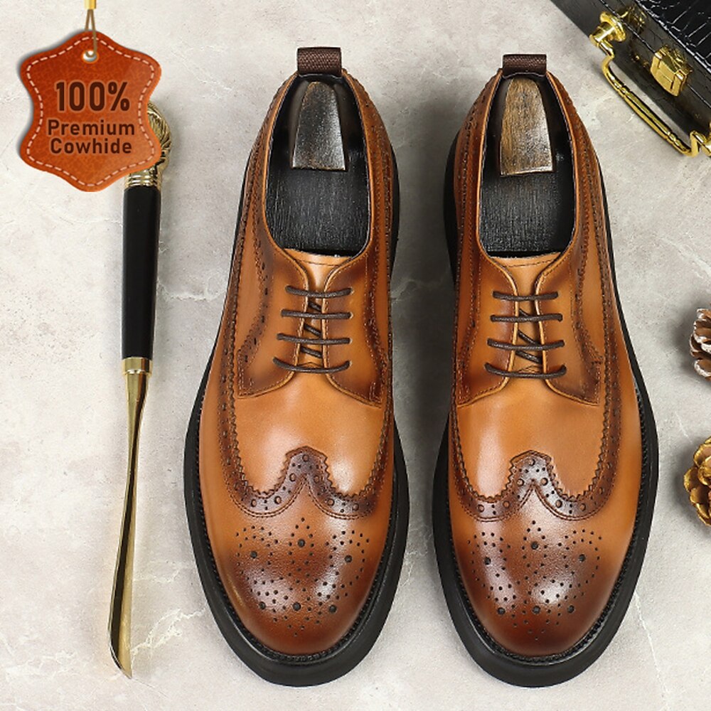 Herren-Derby-Schuhe im Full Brogue-Stil aus cognacbraunem Premium-Leder Lightinthebox