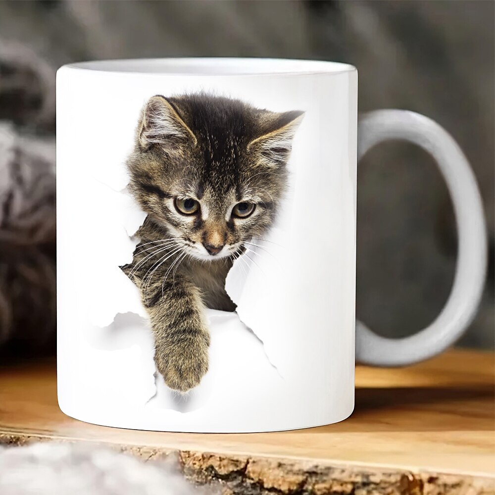 Tasse mit 3D-Druck, Kätzchen, Loch in einer Wand, Keramik-Kaffeetasse mit Katzenmotiv, 3D-Neuheits-Katzenbecher, Katzenliebhaber-Kaffeetasse, Katzenclub-Tasse, weiße Keramiktasse, Geschenke für Männer und Frauen Lightinthebox