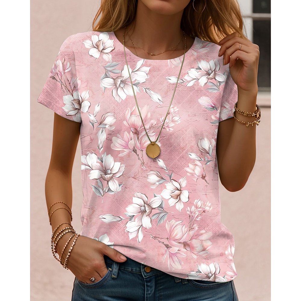 Damen T Shirt Blumen Brautkleider schlicht Kurzarm Rundhalsausschnitt Normale Oberteile Täglich Bedruckt Weiß Gelb Rosa Purpur Sommer Lightinthebox