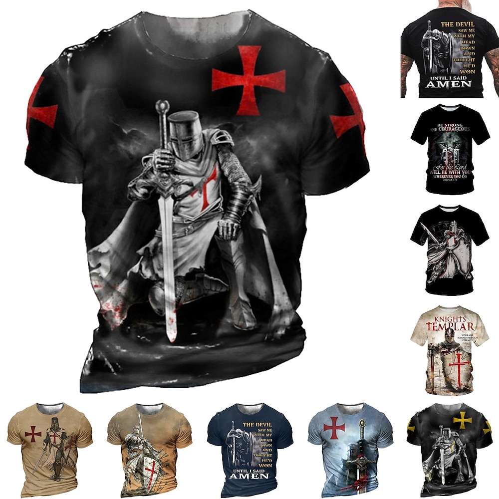 Herren Kreuz der Templer Grafik-Drucke Soldier T Shirt Christliche T-Shirts Kurzarm T-Shirt 3D-Druck Rundhalsausschnitt Hemd Vintage Sport Designer Outdoor Strasse Täglich Schwarzgrau Schwarz 1 Lightinthebox