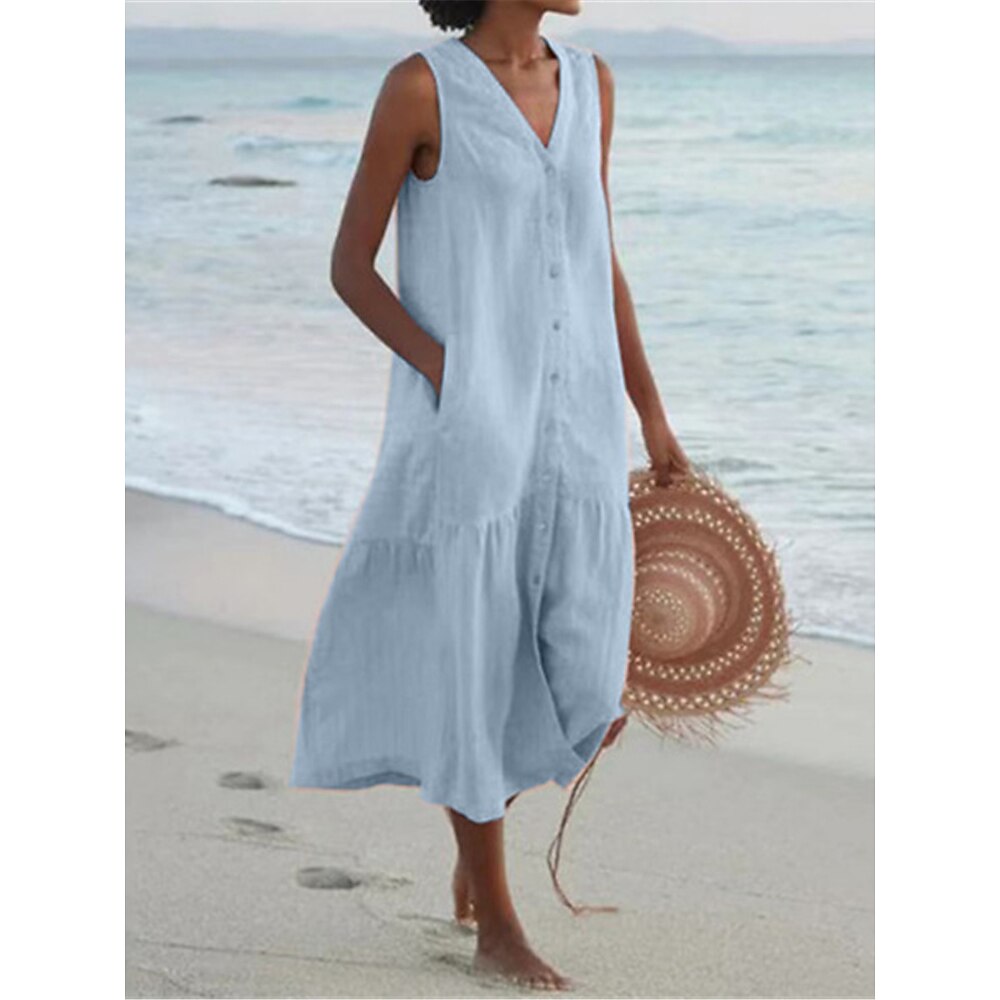 Strandkleid für Damen, Sommer, ärmellos, V-Ausschnitt, Knopfleiste vorne, Rüschensaum, hellblau, entspannte Passform, Freizeitkleidung, Einheitsgröße Lightinthebox