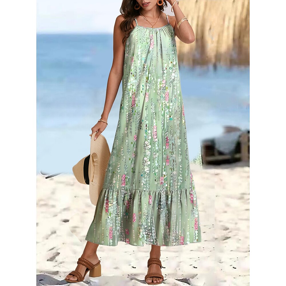 Damen Cami-Kleid Böhmen Blumen Maxidress Ärmellos Gurt Rüschensaum Lockere Passform Urlaub Schwarz Marineblau Blau Grün Sommer Lightinthebox