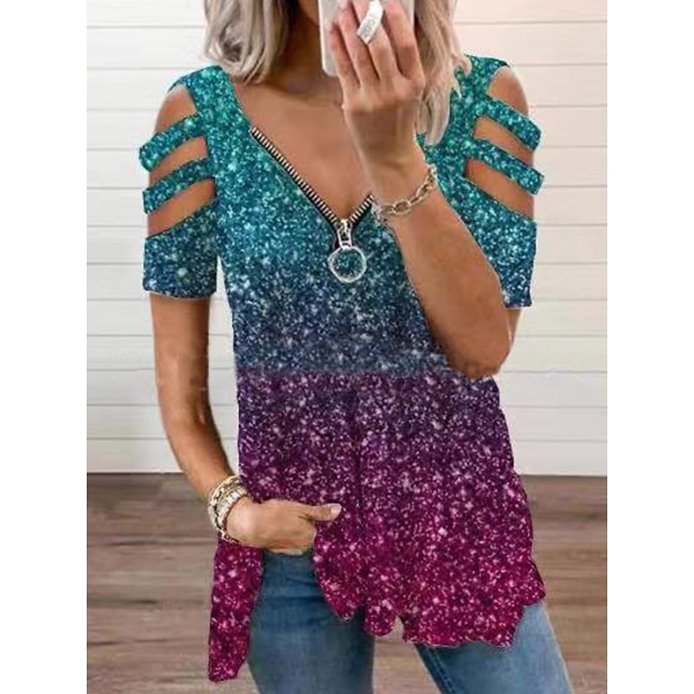 Damen Hemd Bluse Mode Modern Farbblock Patchwork Cut Out Print Kurzarm Normal Oberteile V-Ausschnitt Casual Schwarz Regenbogen Sommer Lightinthebox