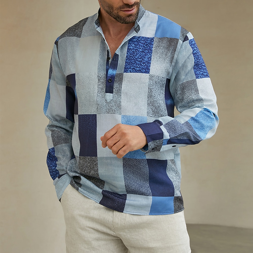 Herren Plaid / Karomuster Grafik-Drucke Geometrie Hemd Lässiges Hemd Kariertes Hemd trachtenhemd Langarm Hemd Ständer Outdoor Strasse Gelb Blau Bedruckt Bekleidung Modisch Strassenmode Designer Lightinthebox