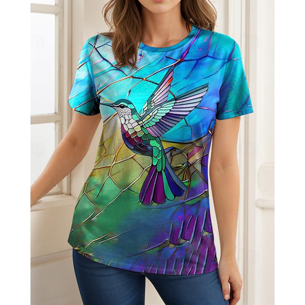 Damen T-Shirt Rundhalsausschnitt Buntglas Kolibri Druck Kurzarm taillierte Top künstlerische lebendige lässige Sommerkleidung bequeme Mode Kleidung Bekleidung Lightinthebox