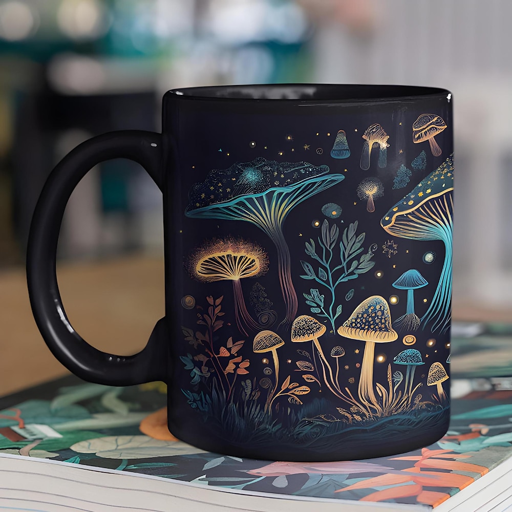 Zauberpilzbecher, Pilzbecher, schwarze Pilzkaffeetasse, neuartige Kaffeebecher, niedliche biolumineszierende Pilzgeschenke, Geschenke für Pilzliebhaber Lightinthebox