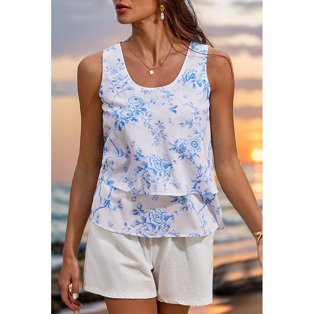 Tanktop für Damen, modisch, Streetwear, Blumenmuster, Rüschendruck, ärmellos, normale Oberteile, U-Ausschnitt, lässig, Strand, blau, Sommer Lightinthebox