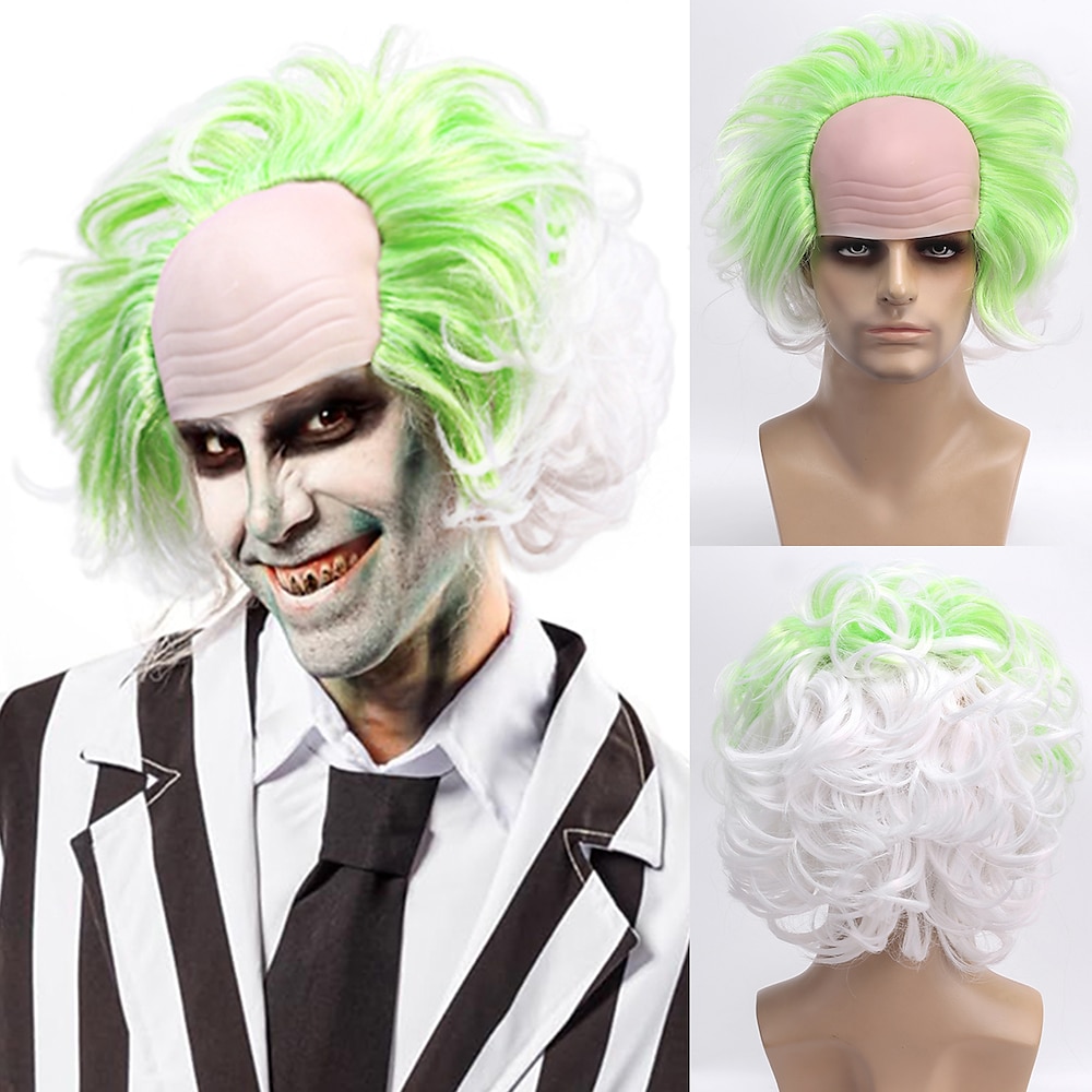 Beetlejuice 2 Cosplay-Perücke für Herren, kurz, flauschig, gewellt, Clown-Glatze, für Karnevalspartys, Kostümperücken für Erwachsene Lightinthebox