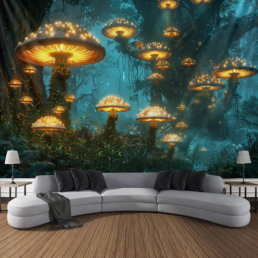 Schwarzlicht Wandteppich UV reaktiv im Dunkeln leuchtend Party Neon Pilz Wald Natur psychedelisch trippig neblig hängender Wandteppich Wandbild für Wohnzimmer Schlafzimmer Lightinthebox