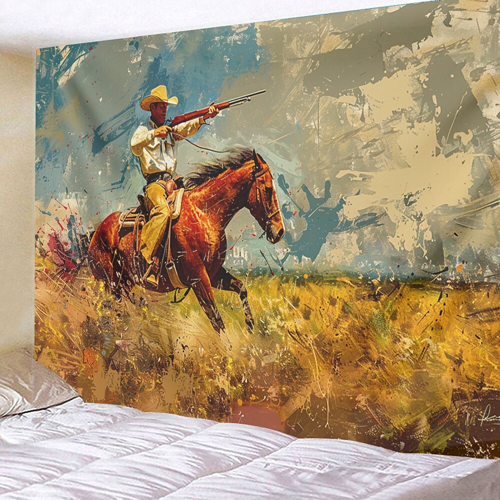 Western Cow Man Wüste Wandteppich Wand Kunst große Wandteppich Wandbild Dekor Fotografie Hintergrund Decke Vorhang Haus Schlafzimmer Wohnzimmer Dekoration Wandtuch XXL Natur Lightinthebox