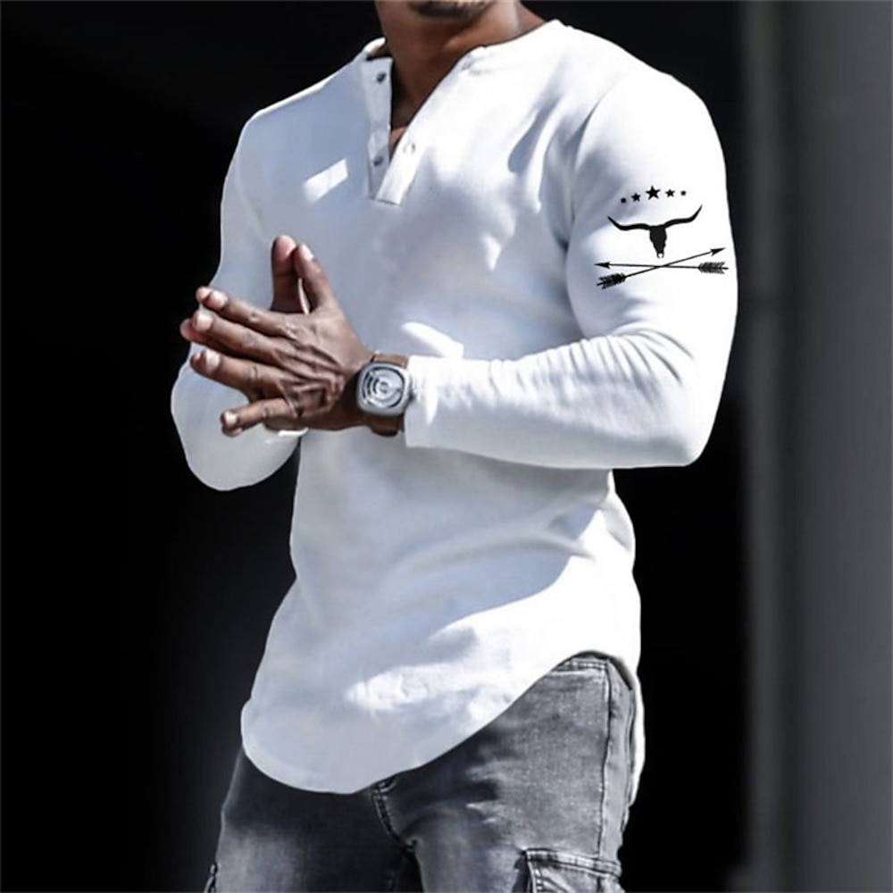 Herren Graphic Cowboy Henley Shirt Langarm 3D-Druck Modisch Täglich Brautkleider schlicht Casual Festtage Ausgehen Frühling Herbst Schwarz Weiß Gelb Grau Henley Henley T-Shirt Lightinthebox