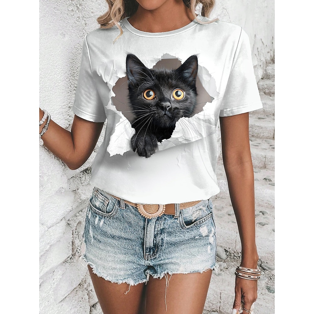 Damen-T-Shirt mit 3D-Katzen-Grafikdruck, Rundhalsausschnitt, lässig, kurzärmlig, bequem, weich, atmungsaktiv, normale Passform, weiß Lightinthebox