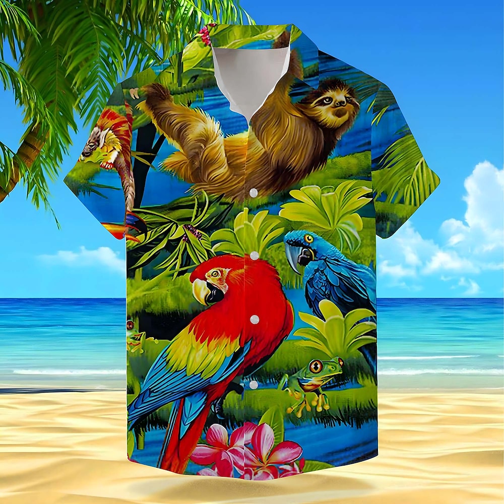 Herren Tier Vogel Pflanzen Hemd Hawaiihemd Sommerhemd Aloha-Shirt Kurzarm Hemd Umlegekragen Urlaub Hawaiianisch Outdoor Urlaub Hawaiianisch Gelb Blau Braun S M L Lightinthebox