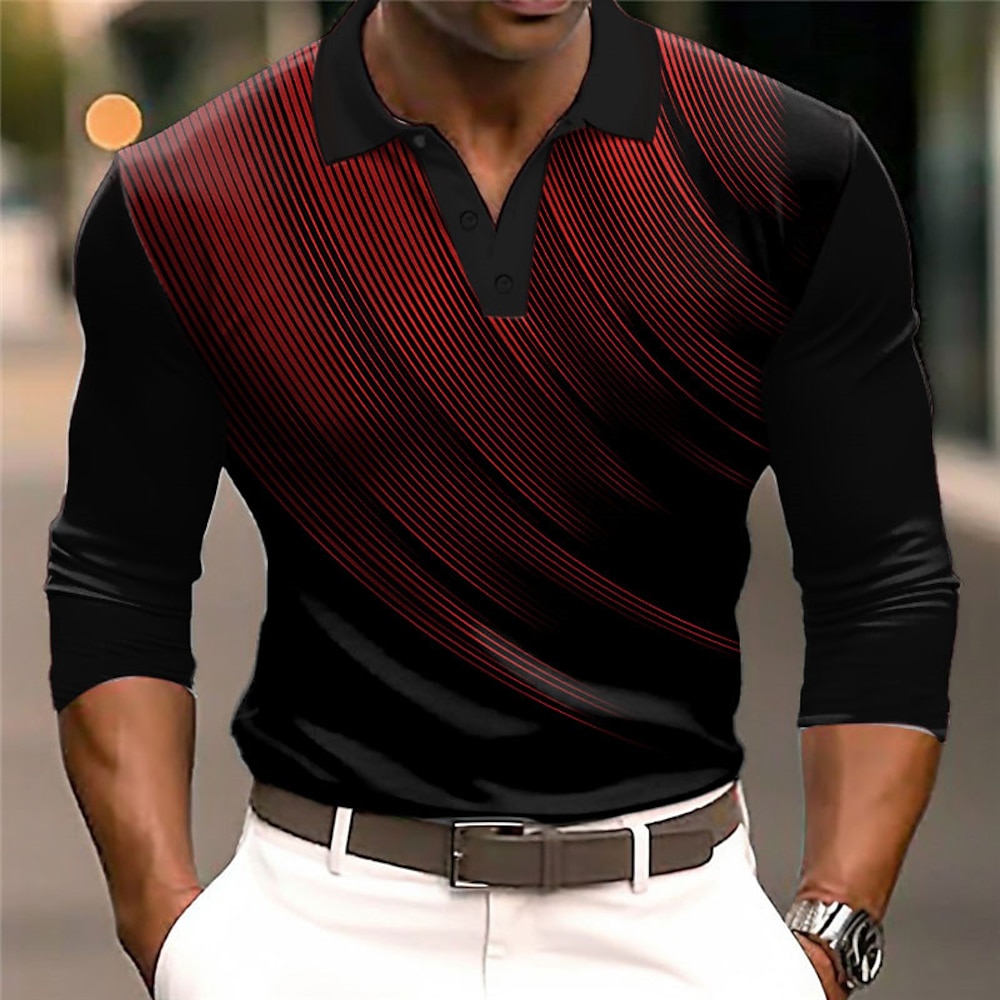 Herren Geometrisch Poloshirts Golfhemd Langarm Polo-Shirts Hemden mit Kragen Business-Casual Arbeitskleidung Abendgarderobe Festivalkleidung Knopf 3D-Druck Weiß Wein Blau Lightinthebox