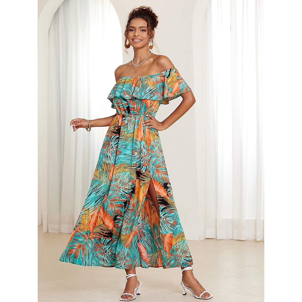 Damen Chiffon-Kleid Schaukelkleid Sommerkleid Teekleid Elegant Böhmen Hawaiianisch Blumen Blatt Midikleid Ärmellos Wasserfallausschnitt Asymmetrisch Schulterfrei Gefaltet Rüsche Fließend Regular Fit Lightinthebox