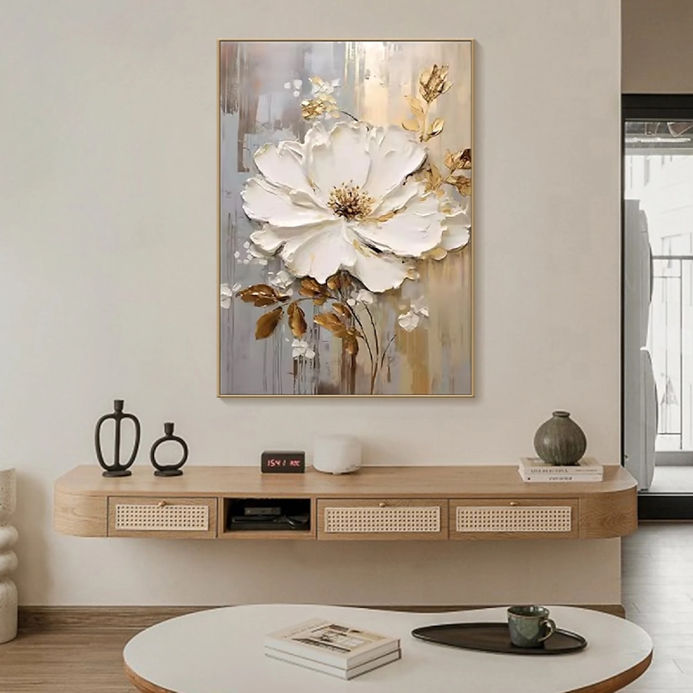 handgemaltes strukturiertes Ölgemälde mit goldenen Blumen, Wandkunst, abstraktes weißes Blumengemälde auf Leinwand, minimalistisches modernes Blumenölgemälde für Wohnzimmer, elegante Wanddekoration, Lightinthebox