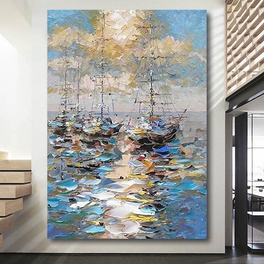 Ölgemälde handgefertigt handgemalt Wandkunst moderne Palettenmesser blaues Meer Seelandschaft Segelboote Wohndekoration Dekor gerollte Leinwand kein Rahmen ungedehnt Lightinthebox