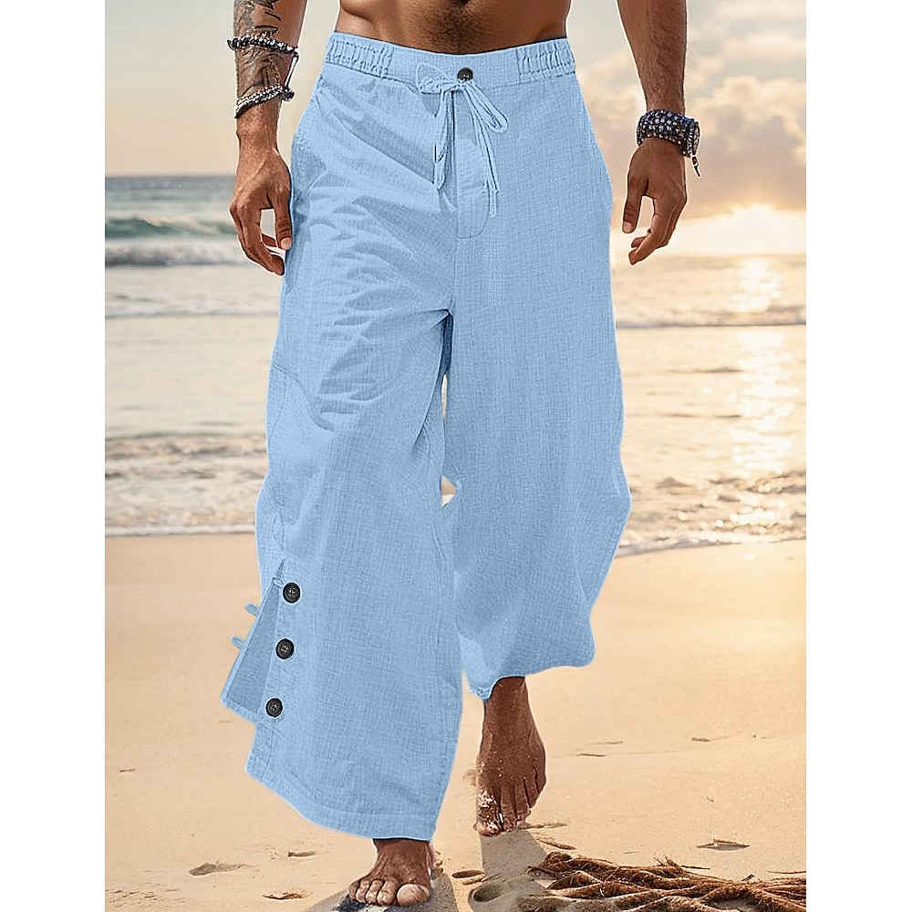 Herren Leinenhose Hose Hosen Sommerhosen Knopf Vordertasche Falten Glatt Komfort Atmungsaktiv In voller Länge Casual Täglich Festtage Modisch Basic Weiß Blau Lightinthebox