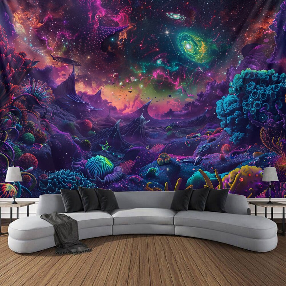 Schwarzlicht Wandteppich UV reaktiv im Dunkeln leuchtend Party Neon Pilz Landschaft psychedelisch trippig neblig hängender Wandteppich Wandbild fürs Wohnen Lightinthebox