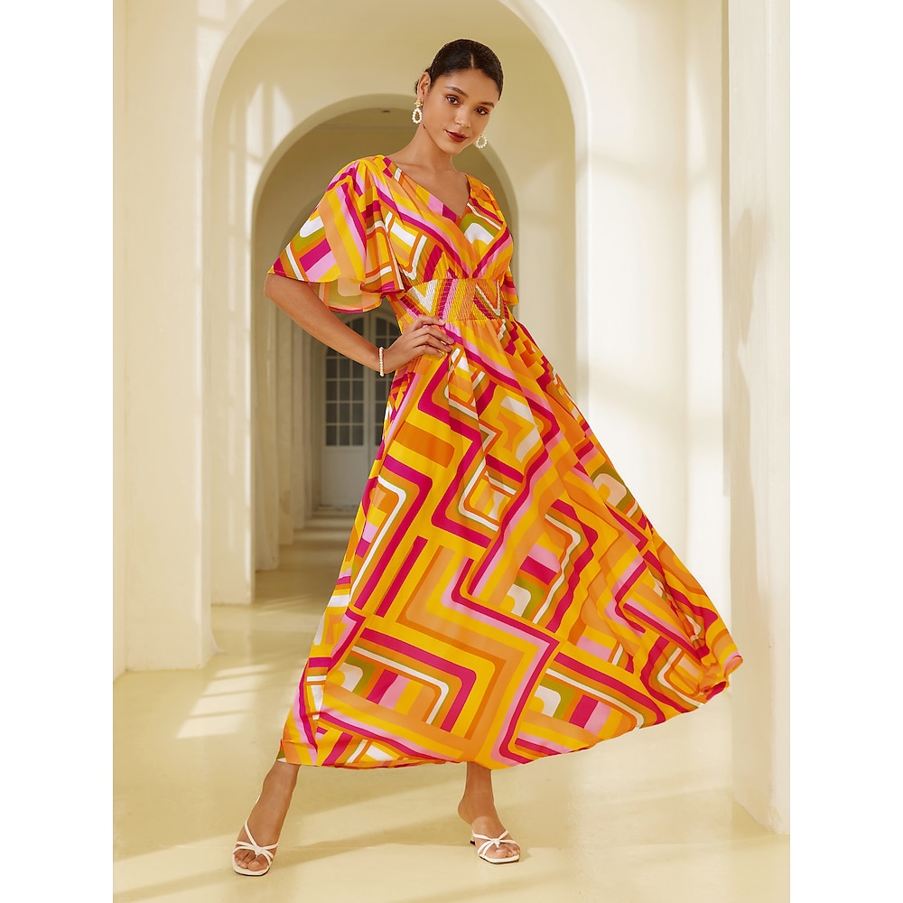 Damen Chiffon-Kleid Maxidress Orange Kurzarm Geometrisch Print Frühling Sommer V Ausschnitt Muster-Kleid S M L Lightinthebox