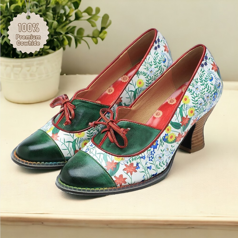 Vintage Blumen-Pumps mit Schnürung für Damen - Premium-Schuhe aus Rindsleder für Oktoberfest und Freizeit Lightinthebox