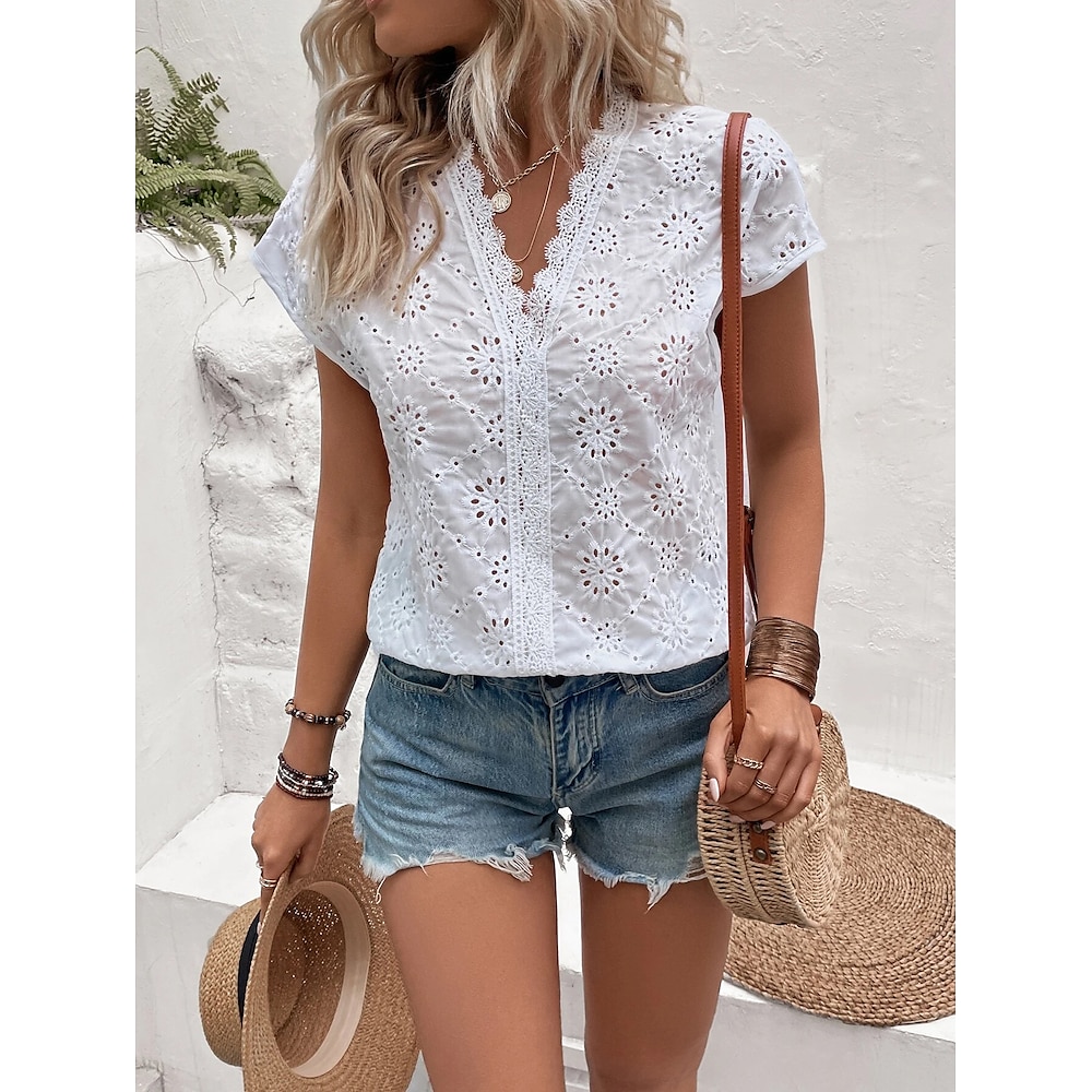 Damen Weiße Elegante Spitzenoberteile Augenbluse V-Ausschnitt Kurzarm Knopfleiste Taillierte Passform Atmungsaktive Romantische Petite Oberteile Sommer Urlaubsbekleidung Freizeit Feminine Kleidung Lightinthebox