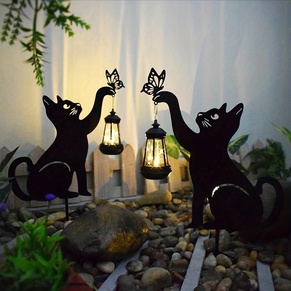 1/2 Stück LED-Solar-Rasenlampe für den Außenbereich, schwarze Katze, für Hof, Gartendekoration, Halloween, Weihnachten, Neujahr, Hochzeitsfeier, Solar-Wegelampe, wasserdicht, schwarze Katzenlampe aus Eisen Lightinthebox