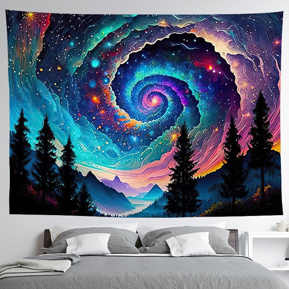 Schwarzlicht Wandteppich UV reaktiv im Dunkeln leuchtend Party Neon psychedelisch trippig neblige Galaxie Universum Wald hängender Wandteppich Wandbild für Wohnzimmer Schlafzimmer Lightinthebox