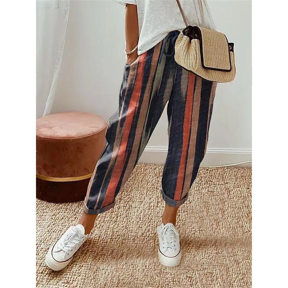 Damen Chinesisch Chino Hosen Hose Strassenmode Brautkleider schlicht Lang Hoher Taillenbund Blumen Streifen Tasche Elastisches Kordelzugdesign Hoher Schnitt Atmungsaktivität Weich Mikro-elastisch Lightinthebox